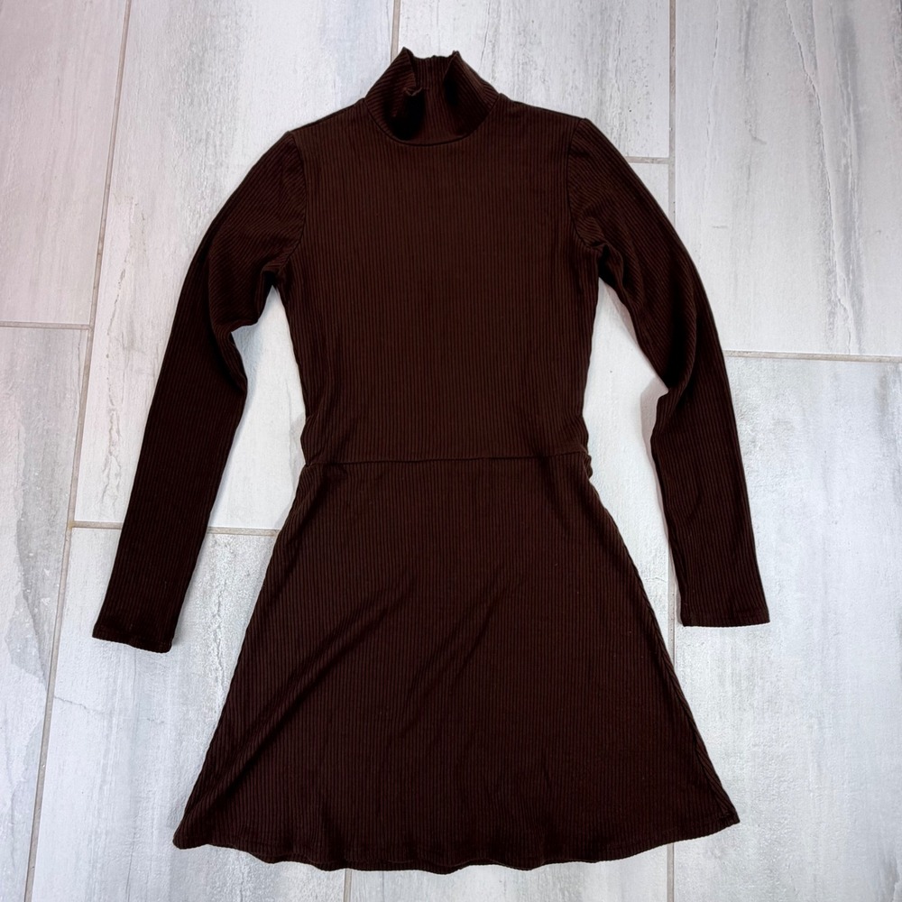 Reformation Brown Ribbed Mock Neck Long Sleeve Fit & Flare Mini Dress Small